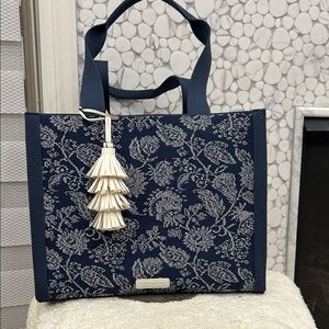 ANTONIO MELANI Navy and Cream Floral Jacquard Tote with Tassel New WT